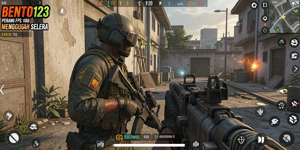 Screenshot gameplay BENTO123 menunjukkan aksi tembak-menembak yang intens.