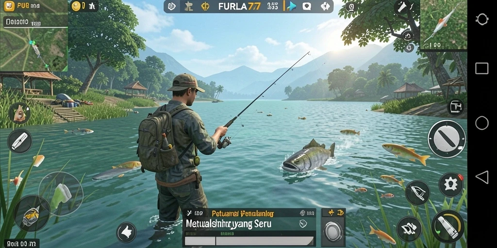 Tampilan gameplay FURLA77 dengan memancing di perairan indah.