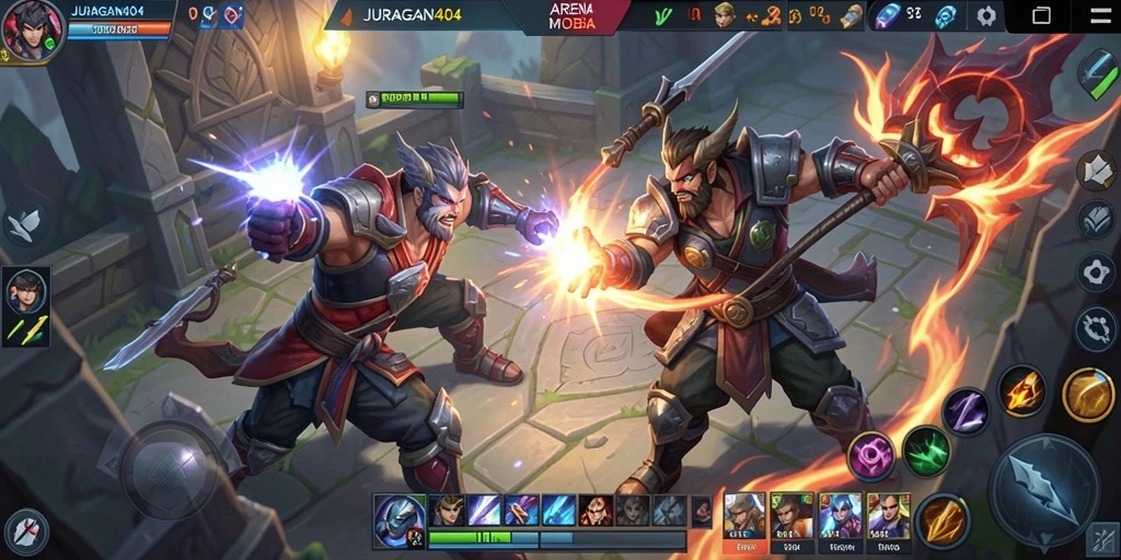 Tampilan gameplay MOBA yang penuh aksi di JURAGAN404.